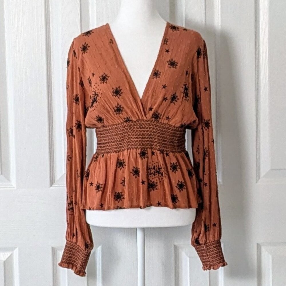 ROLLER RABBIT Women's Long Sleeve Embroidered Blouse Top Size XS Burnt Orange